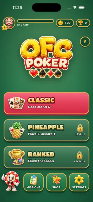The OFC Poker home screen on an iPhone: Classic, Pineapple and Ranked